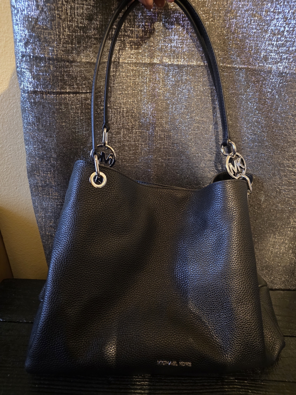 Michael Kors Christina Large Black Pebbled Leather Tote with Silver MK Accents